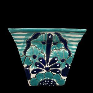 Talavera Square Ceramic Planter Hand-Painted Floral & Leaf Design Aqua/Blue
